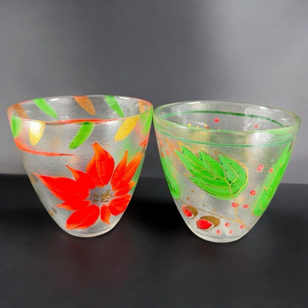 SI AN‎ Italian Hand Painted Glass Bowl Dish Set 2 Christmas Holiday 24k Gold VTG
